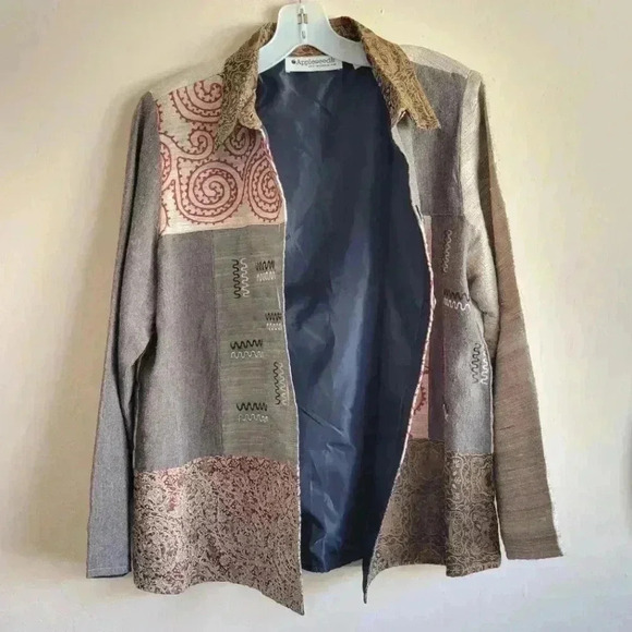 Vintage silk blend patchwork tapestry shaket lightweight jacket blazer medium - Picture 9 of 13